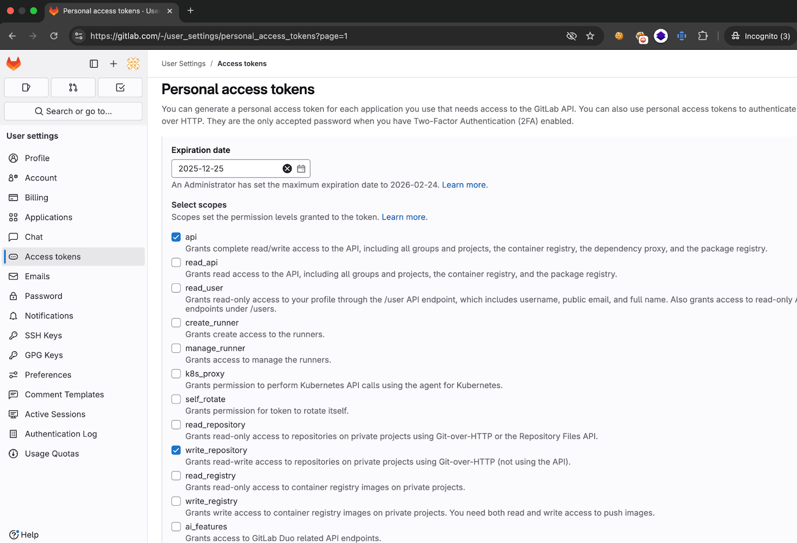 GitLab personal access token settings