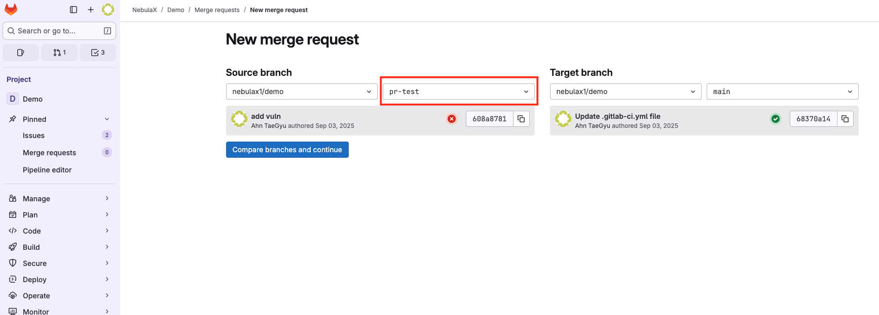 Selecting the test branch