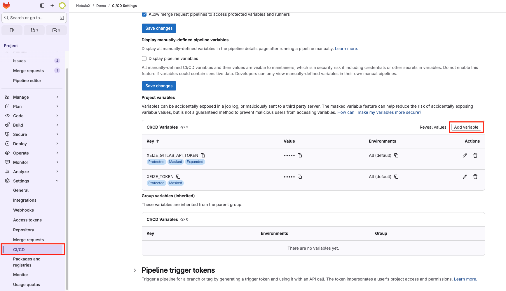 GitLab CI/CD variable settings