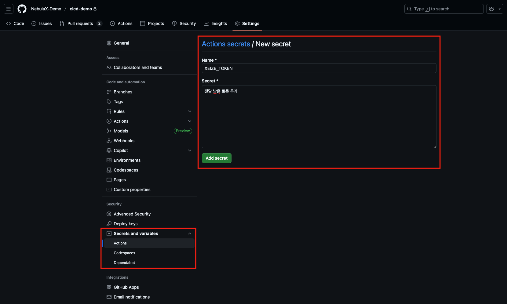 GitHub Actions secret settings