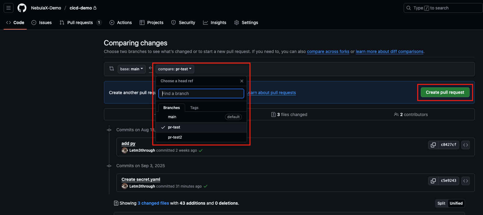 Selecting the test branch