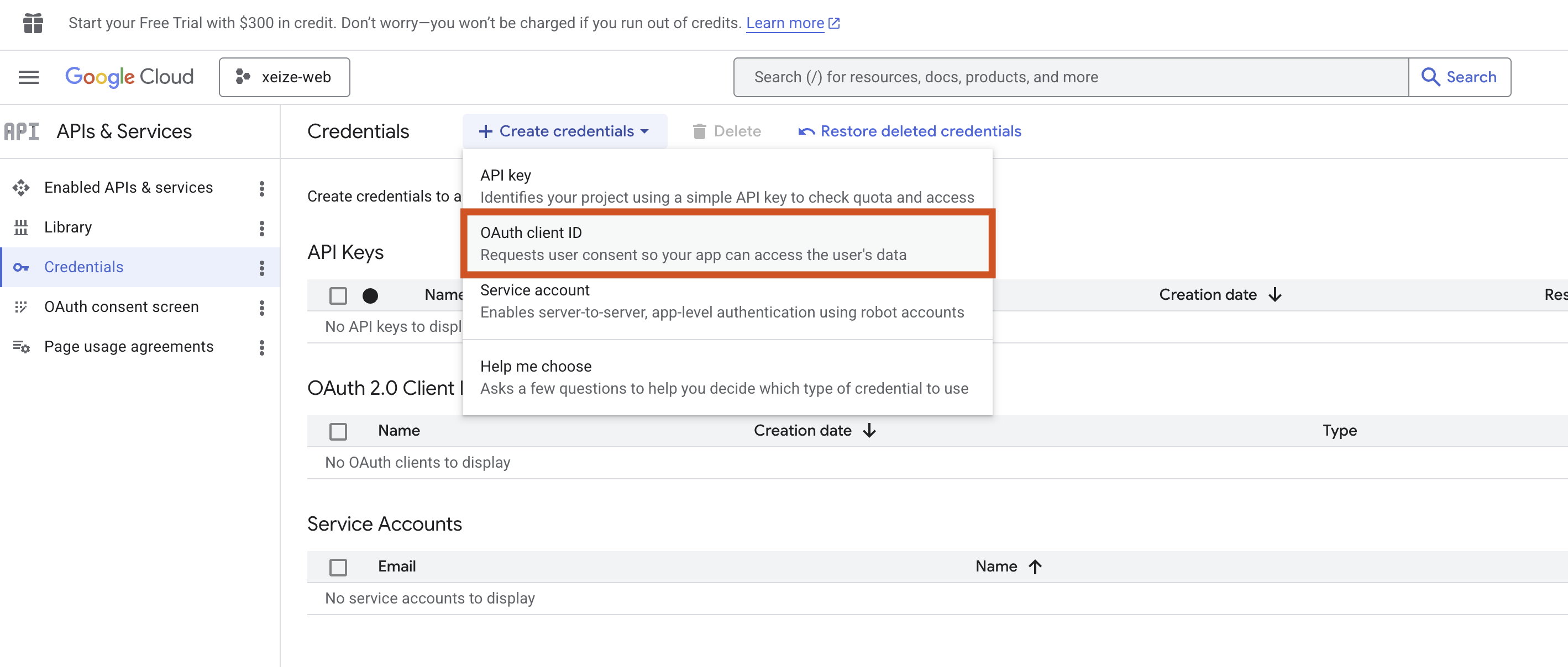 OAuth client ID option in the Create credentials menu