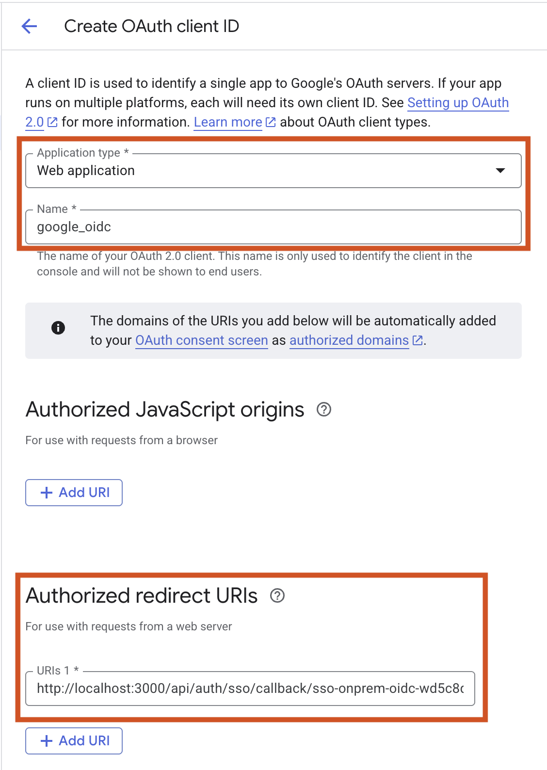 Google OAuth client application type and redirect URI settings