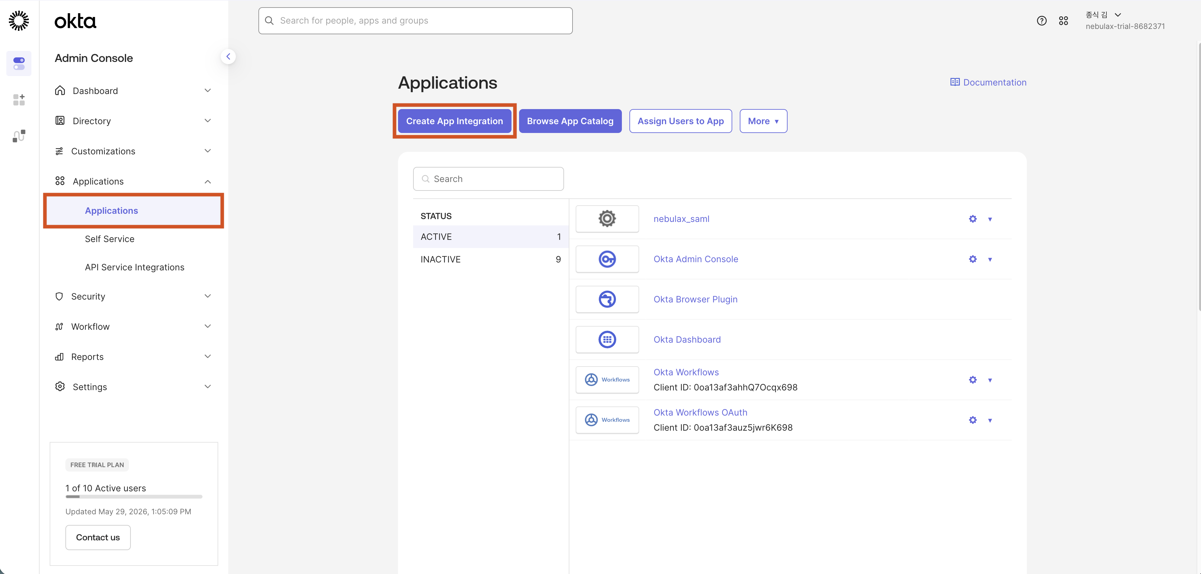 The Create App Integration button on the Okta Applications page