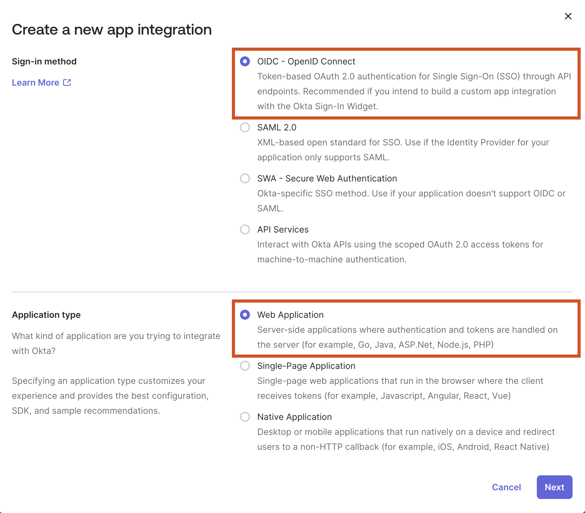 OIDC - OpenID Connect selected as the sign-in method and Web Application selected as the application type