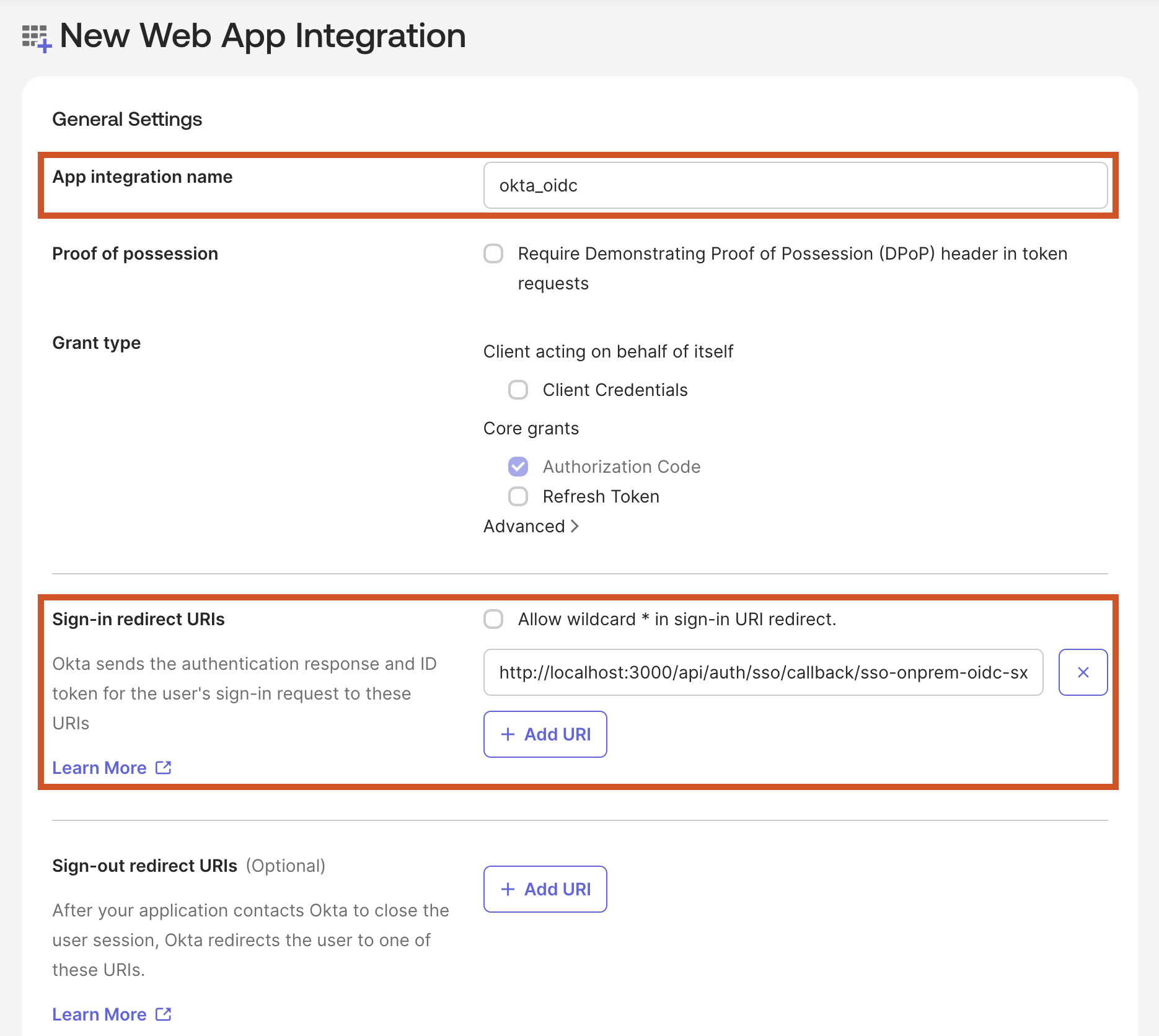 The name and Sign-in redirect URIs fields for an Okta web app