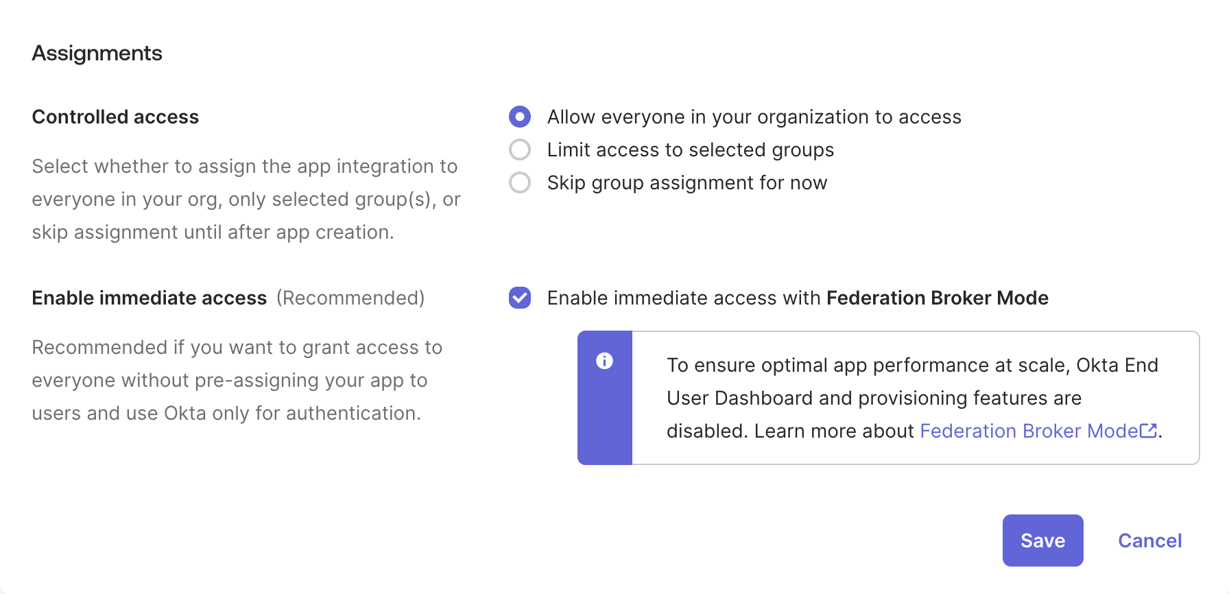 Okta Assignments settings for selecting the users or groups allowed to access the app