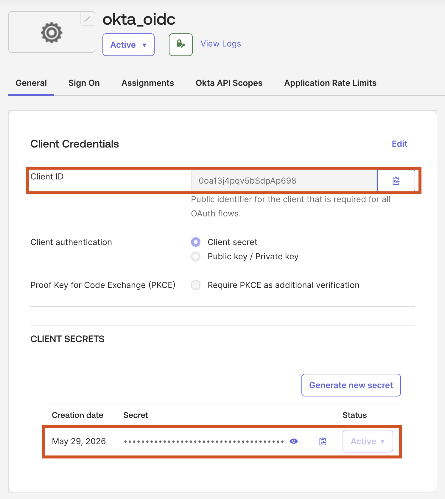 The Client ID and active Client Secret in the Okta app settings